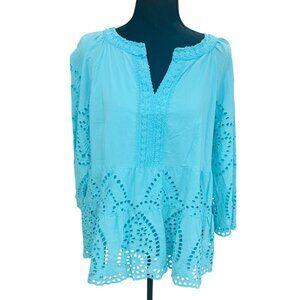 John Mark Aqua Blue Eyelet Tunic Blouse Cottage Core Sustainable L Cotton Womens